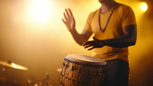 Person playing drum musical instrument performance concert stage lighting warm brown carvings