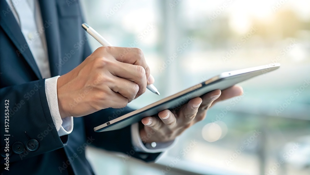 Poster man in formal attire uses tablet and stylus pen for digital creation and business presentations effe