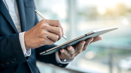 Man in formal attire uses tablet and stylus pen for digital creation and business presentations effectively.