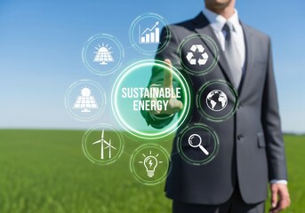 Sustainable Energy Concept with Eco and Businessman in Green Nature Background