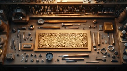 Goldsmith's workshop crafting gold plate, tools arranged