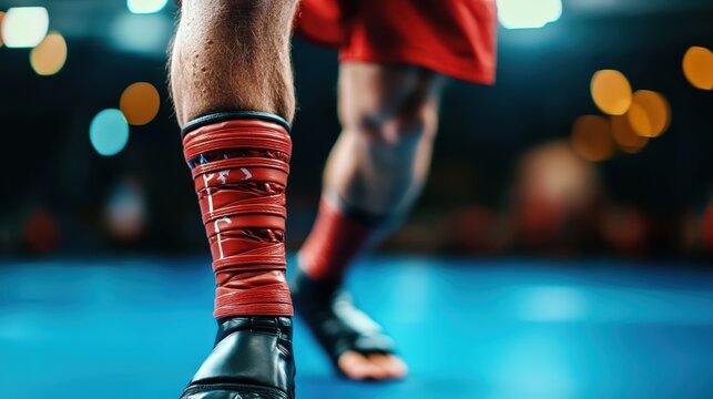 An intense focus on a male athlete dressed in vibrant red training gear executing a powerful stance on a blue wrestling mat. This dynamic image captures the essence of resilience, determination, and  - Powered by Adobe