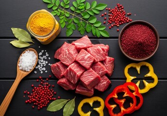 Top View of Fresh Raw Beef and Colorful Cooking Spices on Rustic Wooden Table - Food Ingredient Background