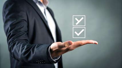 Man in suit presenting choice options, holding checklist icons, making decisions and managing tasks effectively for optimal business outcome.