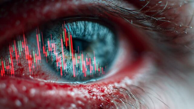 A reflection in a trader's eye shows a collapsing stock market graph, capturing panic and pressure, extreme close-up, emotional