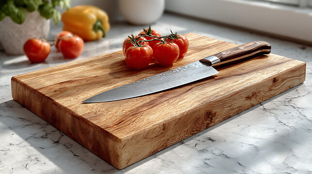 Kitchen Still Life: Chef's Knife, Cherry Tomatoes, and Wood Cutting Board in Natural Light