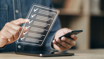 Man Interacting with Digital Checklist Using Mobile Device to Complete Tasks, Enhancing Efficiency and Productivity.