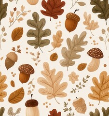 seamless pattern of autumn leaves, acorns, pumpkins, mushrooms, warm orange and yellow tones