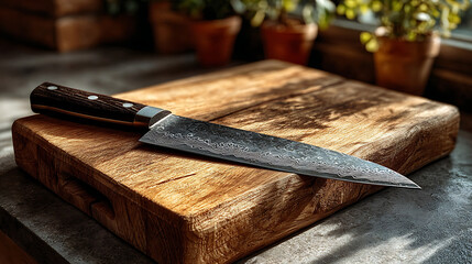 Forged Steel Chef's Knife on Rustic Wood Cutting Board, Warm Kitchen Light.