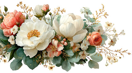 Floral Arrangement: Creamy White & Peach Peonies with Delicate Greenery on White.