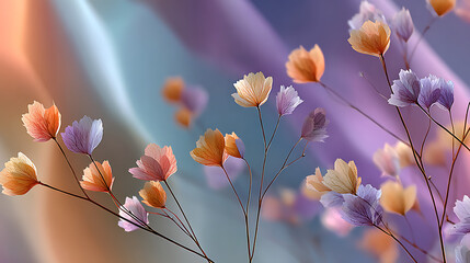Dreamlike Blossoms: Delicate Flora Against Pastel Silk Abstract.