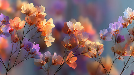 Translucent Blooms: Ethereal Floralscape in Soft Orange, Violet, and Blue Hues.