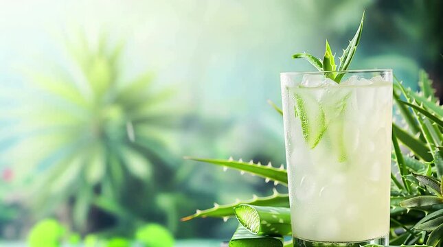 Aloe vera drink in a glass with tropical background and copy space