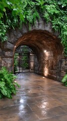 Rusted Iron Gate in Stone Archway Passage