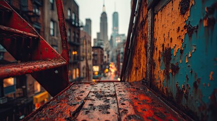 Rusted Fire Escape Framing City Skyline at Dusk