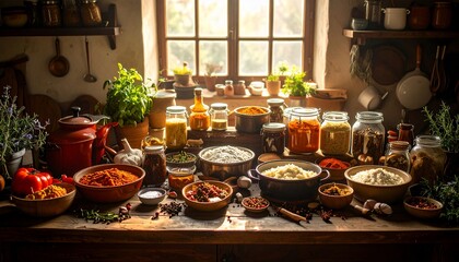 Fototapeta premium Rustic Kitchen: A Culinary Still Life of Spices, Herbs, and Grains