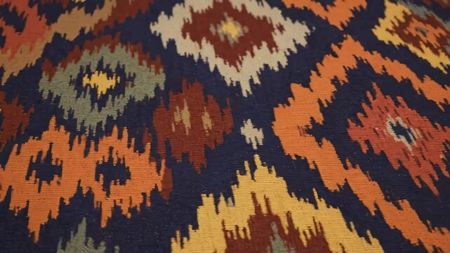 Textured ikat textile sharp zigzag pattern in shades of blue orange red and yellow fills the frame