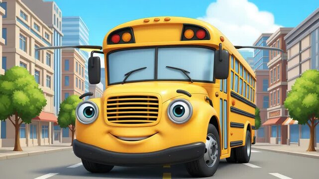 A cheerful cartoon school bus with a friendly face is driving along a city street. Ideal for children's projects, animation and educational content. Great for school, transport and children's themes.