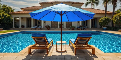 Tranquil Poolside Oasis with Blue Umbrella Shade