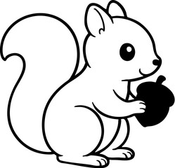 Cute Squirrel Holding Acorn Vector – Monochrome Line Art for Wildlife, Kids and Autumn Design Projects