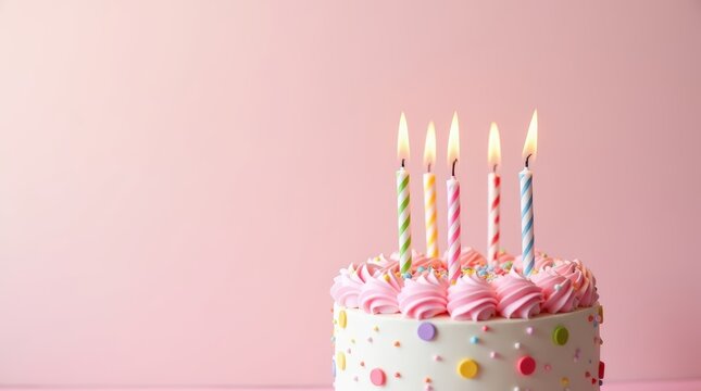 Pink birthday cake with lit candles, whipped cream topping, and colorful sprinkles on pastel pink background, copy space