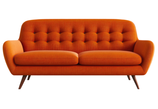 Orange tufted sofa, mid-century modern style
