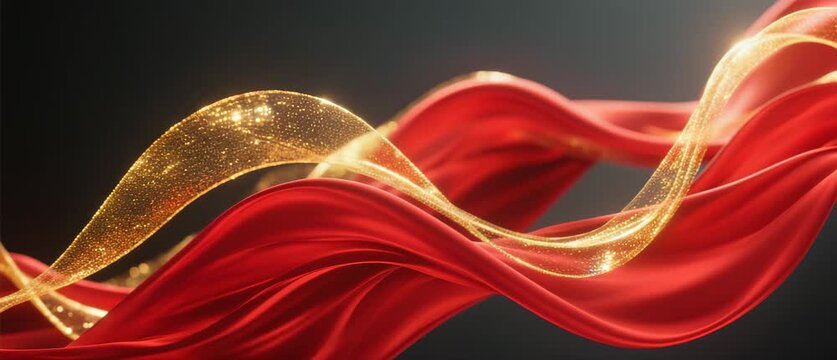 Elegant Red and Gold Ribbon Waves Background - Abstract Silk Fabric with Sparkling Details
