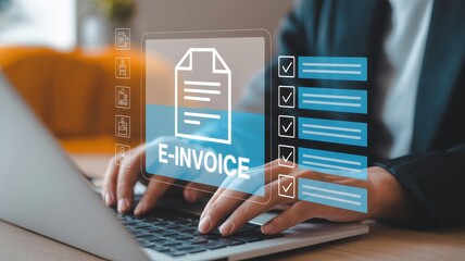 Modern Businessperson Submitting Digital E-Invoice Online Checklist