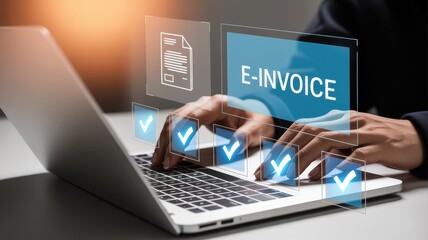 Hands Typing E-Invoice on Laptop; Digital Checkmarks, Modern Business Concept