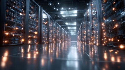 AI Training Environment A captivating interior shot of a data center filled with powerful supercomputers radiating bright lights. This visual highlights the intricate connection between