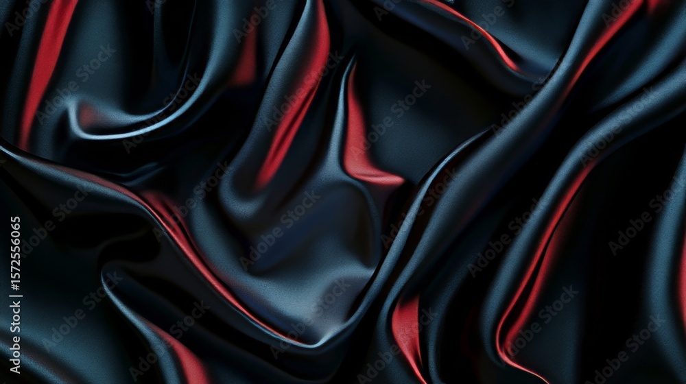 Poster dark abstract background with wavy black and red silk texture for elegant art and design use