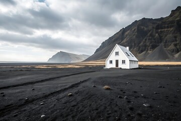 Secluded White House on Black Sand Beach with Dramatic Mountain Backdrop in Iceland