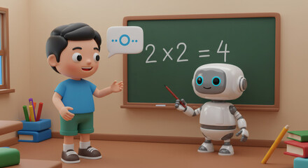 3D illustration of student learning math with AI robot teacher