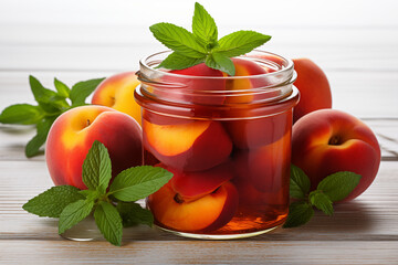 glass jar filled with preserved peaches and mint leaves on white background