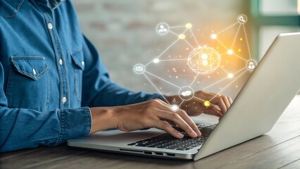 Person Typing on Laptop Connecting to Digital Network and Online Services with Data Transfer