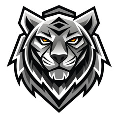 The gray tiger head features bright orange eyes and triangular orange forehead marking