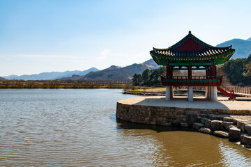 traditional Korean pavilion at the lakeside