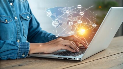 Person Using Laptop with Global Network Overlay for Online Communication and Connectivity.