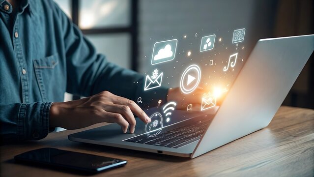 Person Using Laptop with Social Media and Technology Icons for Communication and Global Connectivity Illustration.