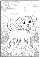 cute playful dog exploring nature on bright meadow with simple background coloring page