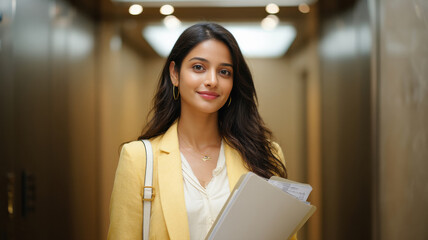 young indian business woman holding documents file