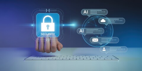 Cybersecurity AI:  Digital Hand Interacts with Global Network Security System