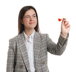 Targeting. Businesswoman with dart aiming on white background