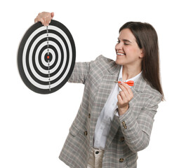 Targeting. Smiling businesswoman with dart board and arrow on white background
