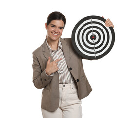 Targeting. Smiling businesswoman pointing at dart board on white background