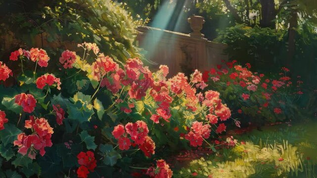 Vibrant red geraniums in garden