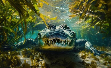 Captivating underwater view of an alligator lurking amidst aquatic vegetation