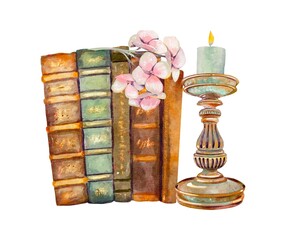 Vintage Books Pink Hydrangea And Brass Candle Holder With Burning Candle Watercolor Clipart Hand Painted Antique Illustration For Retro Design Isolated On White Background Cozy Nostalgic Composition