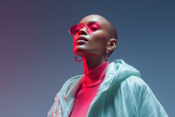 Fashion model posing with red sunglasses and colorful lights