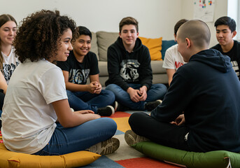 A diverse group of teenagers seated in a circle, engaged in conversation and discussion.